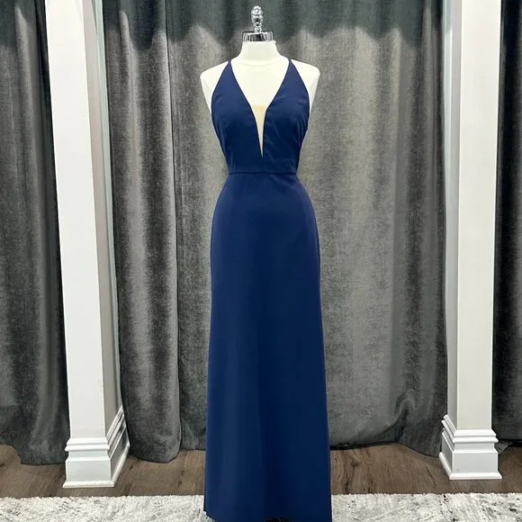 Dessy Collection | Dresses | Sofia Blue Vneck Low Back Crepe Gown Style  Bb11n1 Size 12 | Poshmark